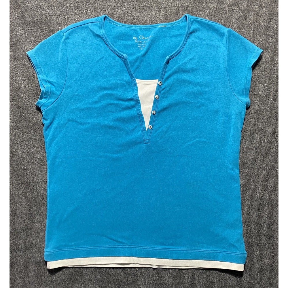 Chicos Womens Blue Faux Cami Short Sleeve Stretch Shirt Top Size 1 S/M